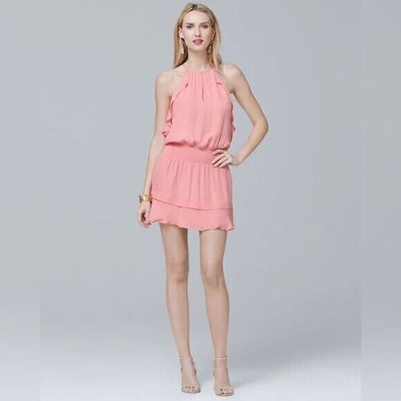 NWOT PARKER Pink halter ruffle hem mini flutter silk dress size US medium - Picture 1 of 8
